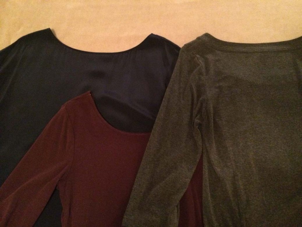 Dark blue, dark red, and gray shirts