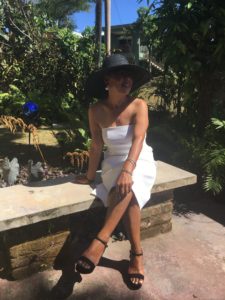 White cotton strapless dress, hat and ankle strap shoes for Kentucky Derby party
