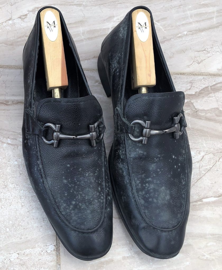 Black Loafers with Shoe Trees BEFORE Treatment